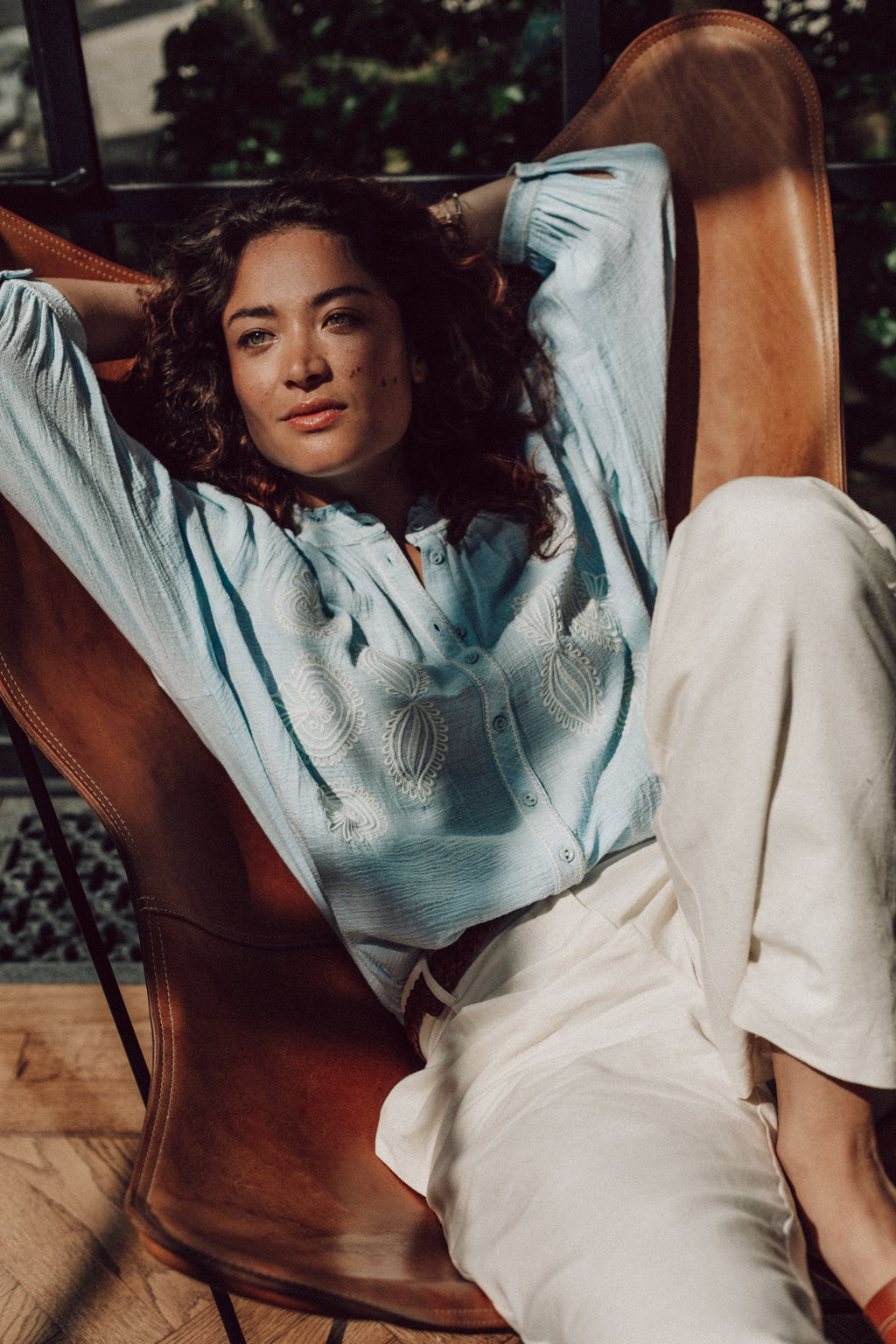 Drew blouse light blue cotton embroidery