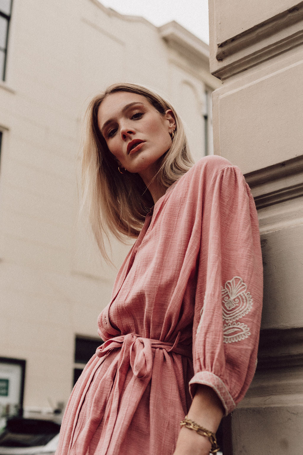 Sierra midi dress pink embroidery